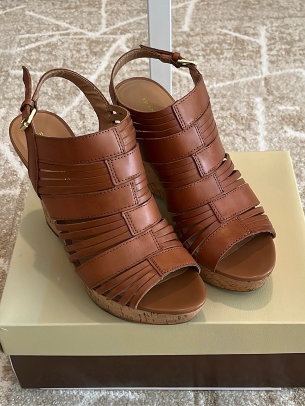 Franco Sarto Sharp, Almond LE Leather Cork Wedge Sandal  Size 10